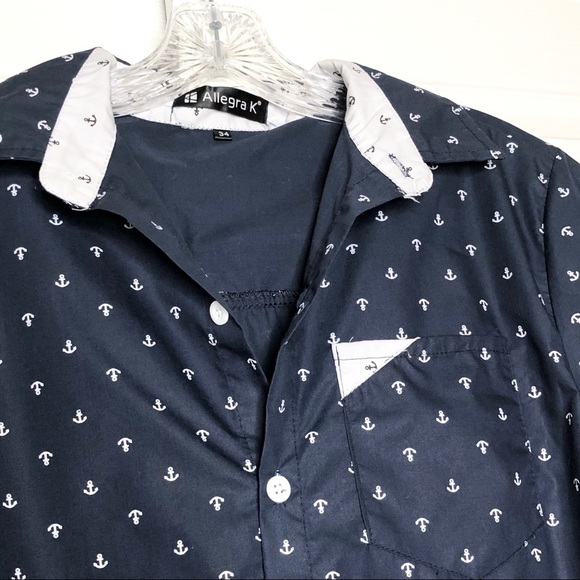 🌺 Allegra K Nautical Anchor Print Mens Button Down Navy Shirt Size 34 - Picture 4 of 8